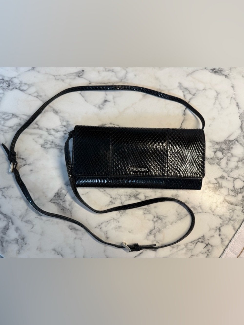 Prada Black Snake Skin Crossbody Clutch Wallet on Chain